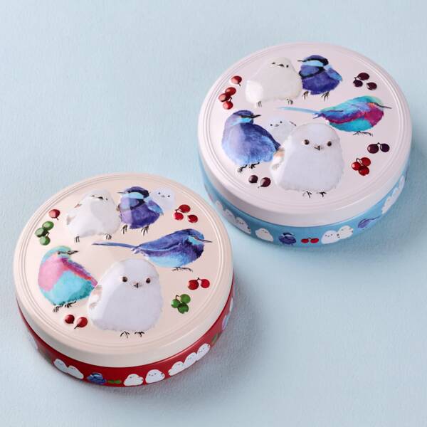 ホリデークッキー缶シマエナガとムシクイ柄　1個【クリスマス】　いずれかおひとつお届け