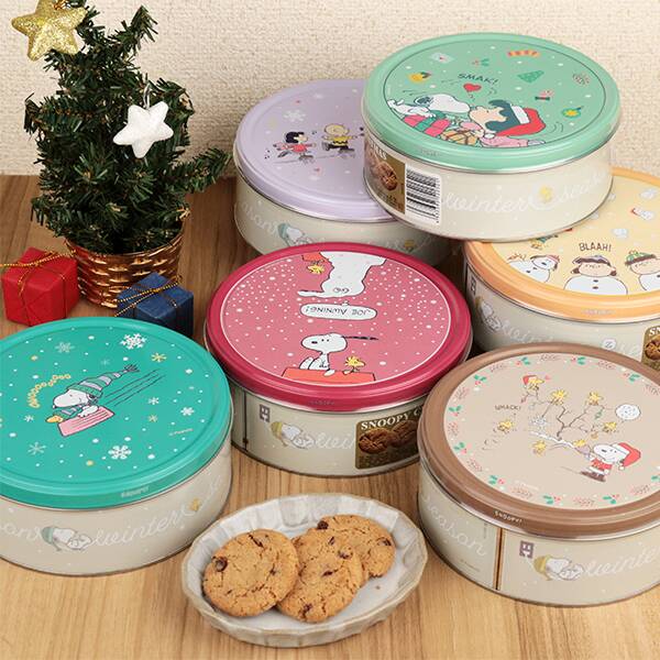 スヌーピー　クリスマスラウンドティン　チョコチップクッキー　150g【クリスマス】