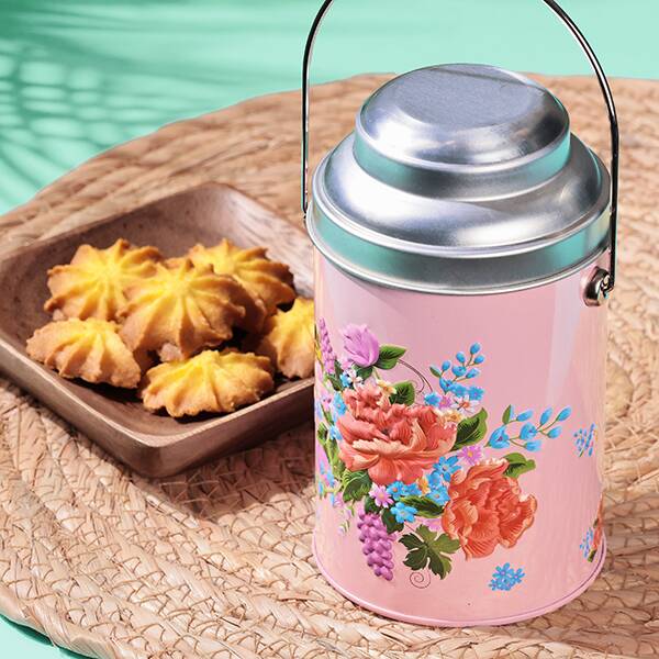 パイナップル風クッキー　客家柄缶　ピンク　1個