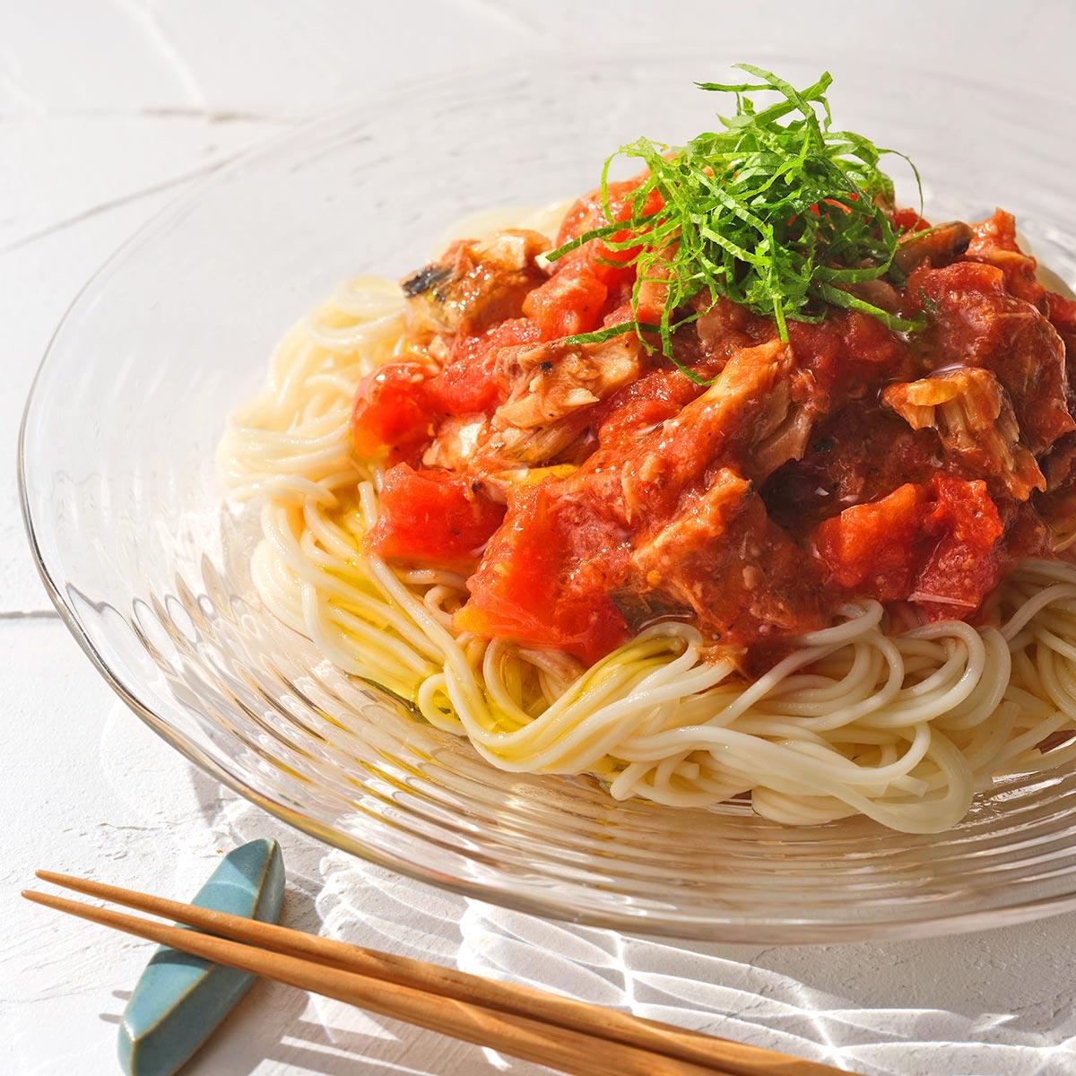 さばと青じそのトマトそうめん