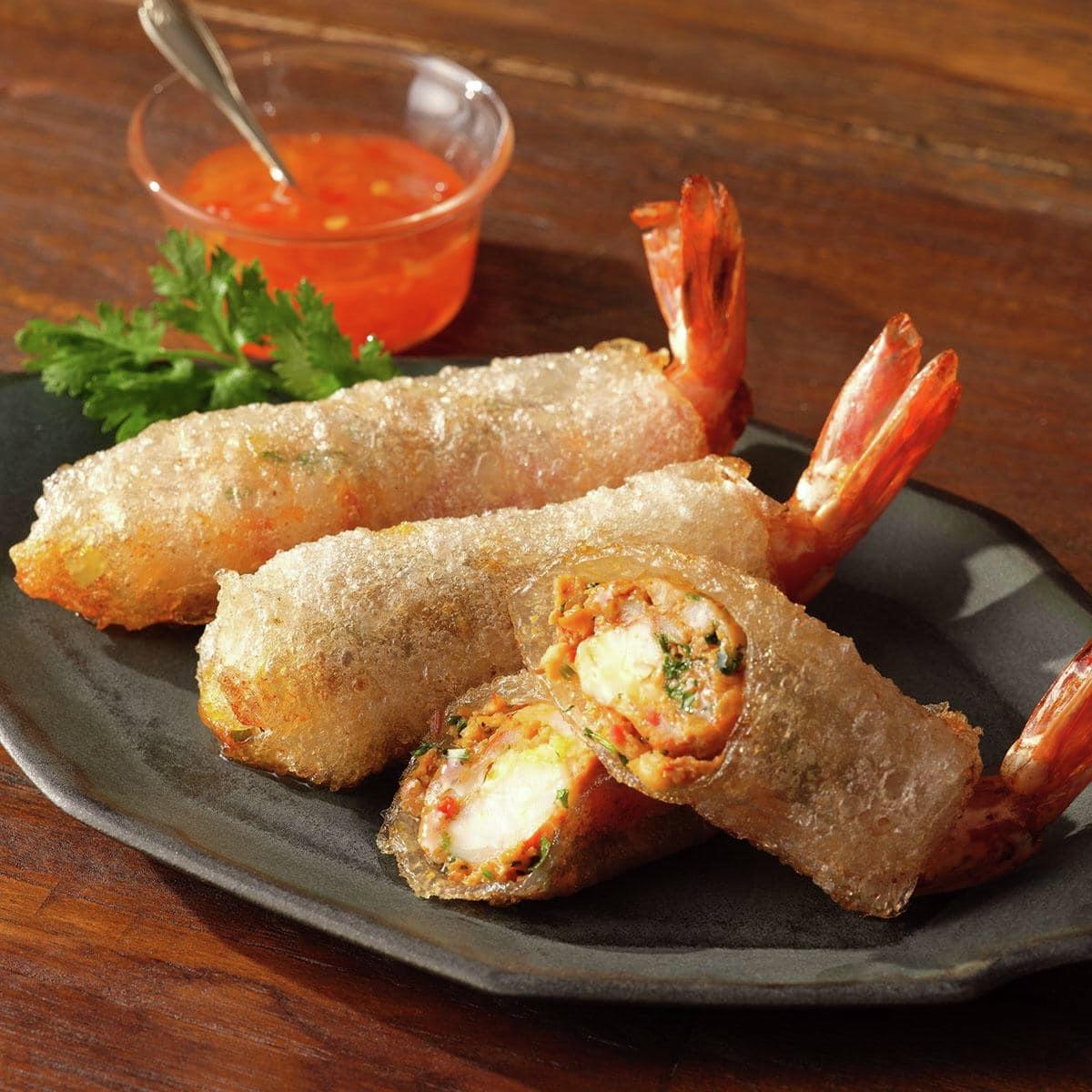 えびの揚げ春巻きハリッサ風